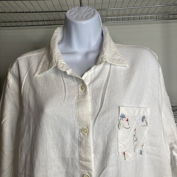Susan Graver Women's White Linen Embroidered Button Up Shirt Size XL Boxy Boho - Picture 7 of 12